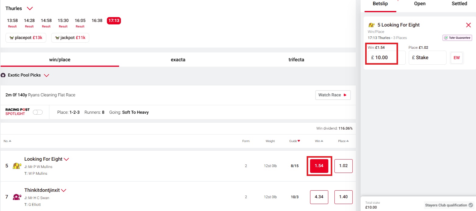 image of a tote racecard with a win bet added to the betslip and a stake of £10 entered.